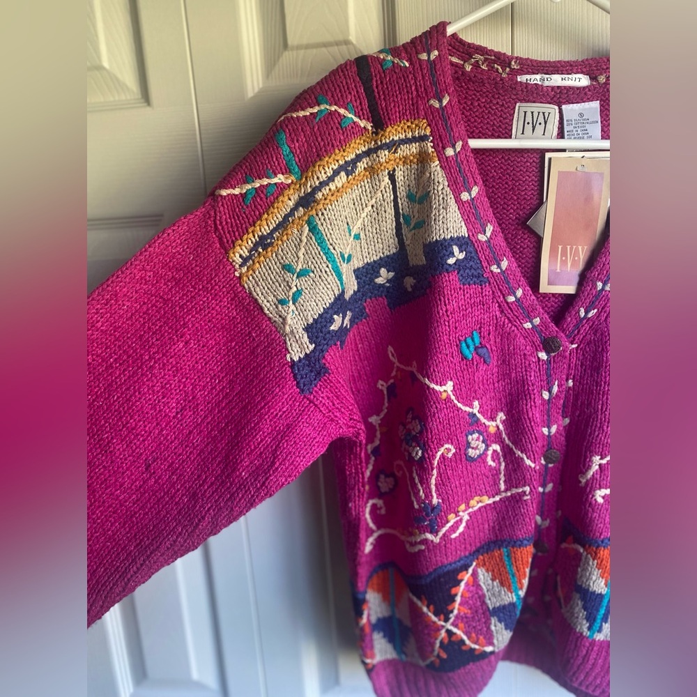 NWT Hand Knit Vintage style Silk Blend Patterned V-Neck Cardigan Size M - Picture 5 of 12